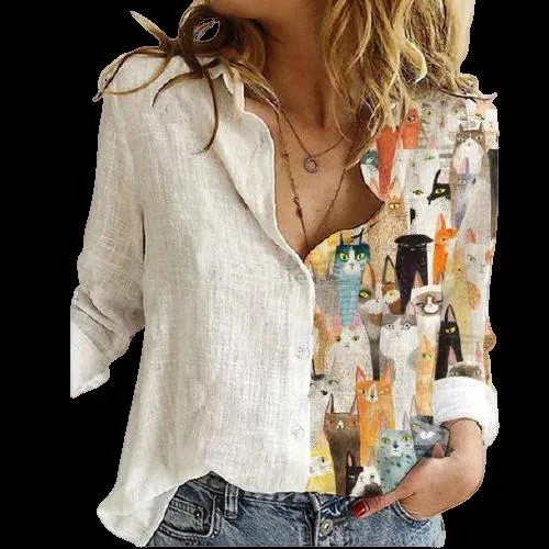 Women Button Turn-Down Collar Vintage Casual Printed Blouses