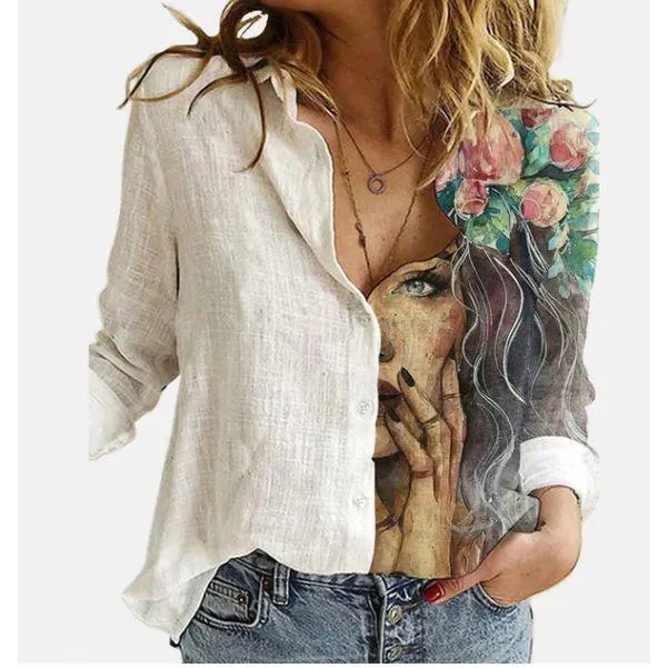 Women Button Turn-Down Collar Vintage Casual Printed Blouses