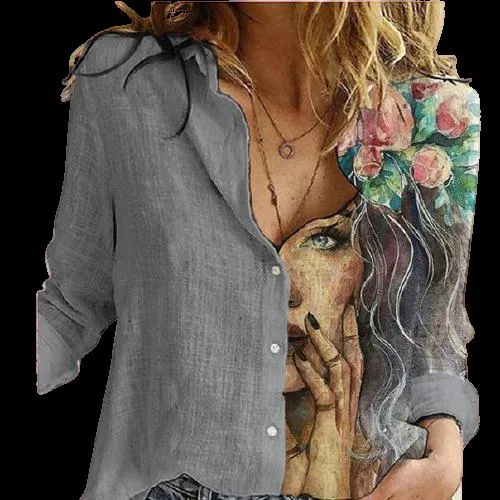 Women Button Turn-Down Collar Vintage Casual Printed Blouses