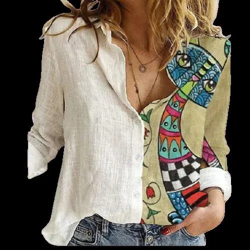 Women Button Turn-Down Collar Vintage Casual Printed Blouses