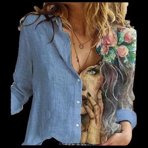 Women Button Turn-Down Collar Vintage Casual Printed Blouses