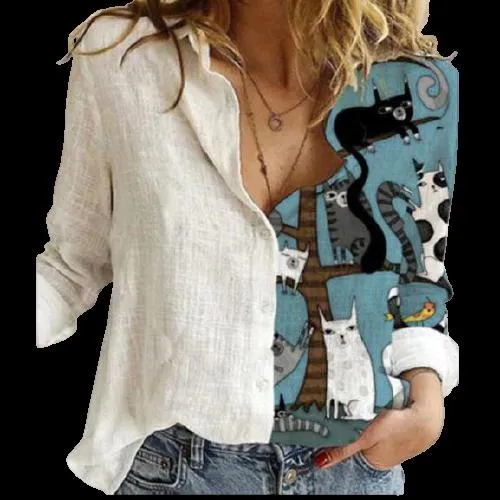 Women Button Turn-Down Collar Vintage Casual Printed Blouses